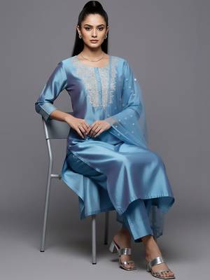 Women Ethnic Motifs Embroidered Regular Sequinned Chanderi Silk Kurta with Trousers & With Dupatta 4