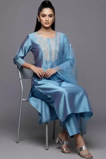 Women Ethnic Motifs Embroidered Regular Sequinned Chanderi Silk Kurta with Trousers & With Dupatta
