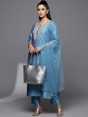 Women Ethnic Motifs Embroidered Regular Sequinned Chanderi Silk Kurta with Trousers & With Dupatta 5