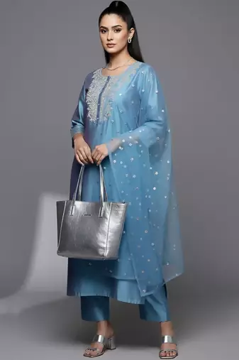 Women Ethnic Motifs Embroidered Regular Sequinned Chanderi Silk Kurta with Trousers & With Dupatta
