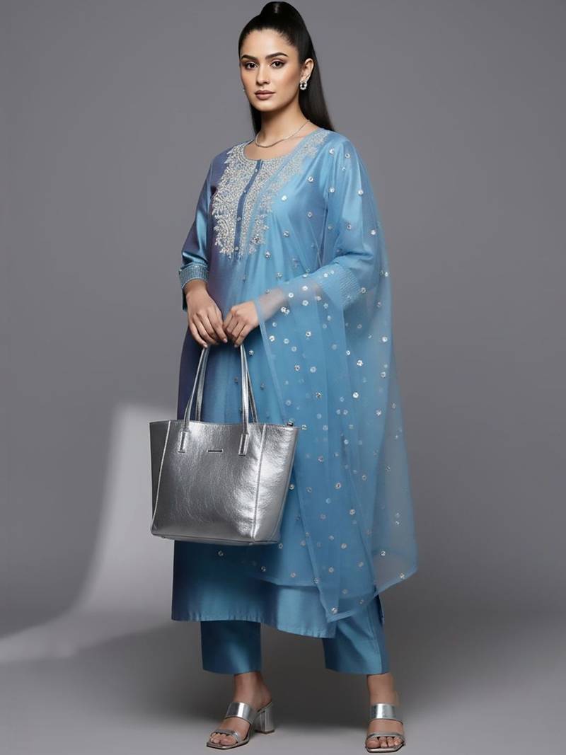 Women Ethnic Motifs Embroidered Regular Sequinned Chanderi Silk Kurta with Trousers & With Dupatta