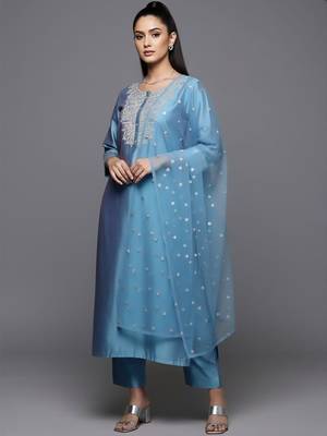 Women Ethnic Motifs Embroidered Regular Sequinned Chanderi Silk Kurta with Trousers & With Dupatta 6