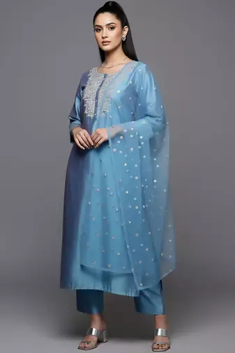 Women Ethnic Motifs Embroidered Regular Sequinned Chanderi Silk Kurta with Trousers & With Dupatta