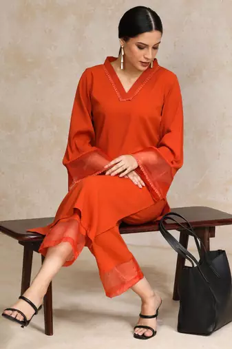 Women Regular Silk Crepe Kurta with Trousers