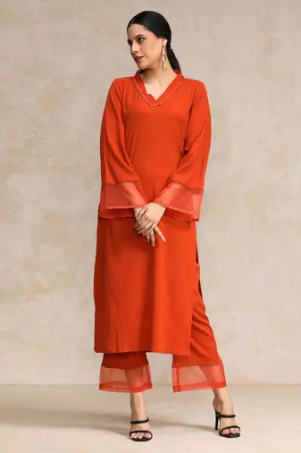 Women Regular Silk Crepe Kurta with Trousers