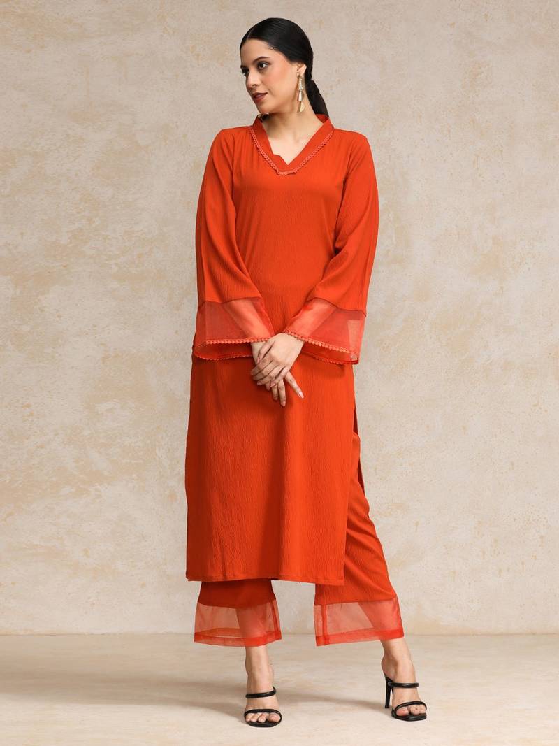 Women Regular Silk Crepe Kurta with Trousers