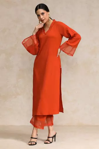 Women Regular Silk Crepe Kurta with Trousers