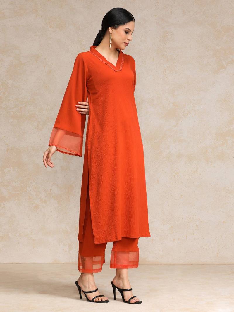 Women Regular Silk Crepe Kurta with Trousers