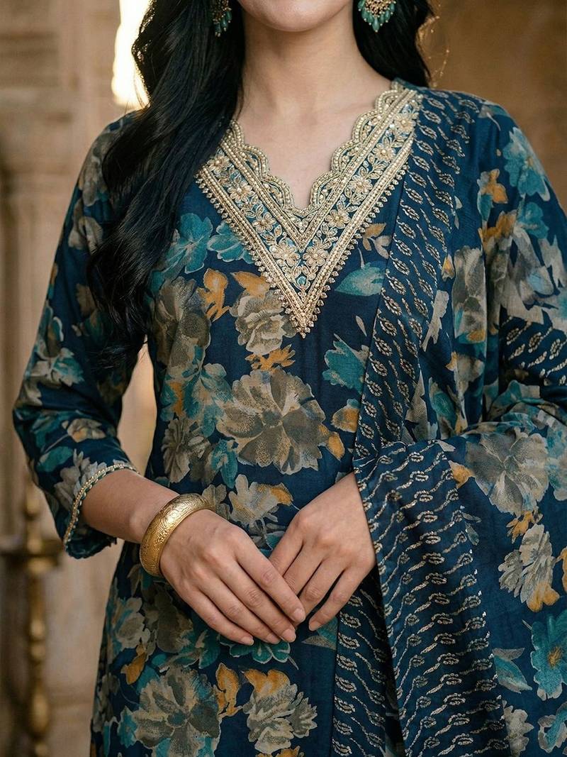 Women Floral Printed Regular Kurta with Trousers & With Dupatta