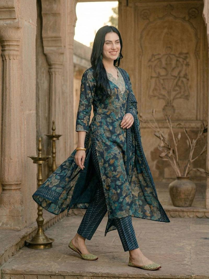 Women Floral Printed Regular Kurta with Trousers & With Dupatta