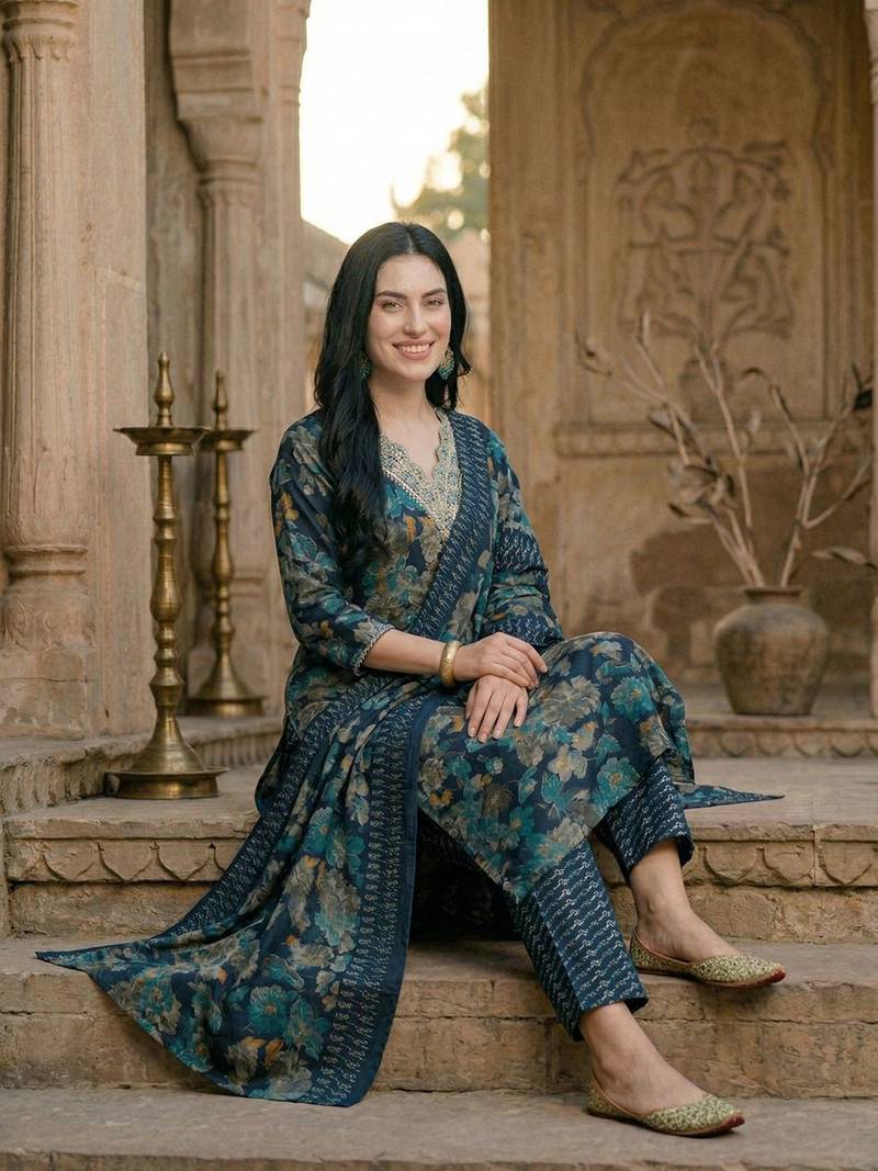 Women Floral Printed Regular Kurta with Trousers & With Dupatta