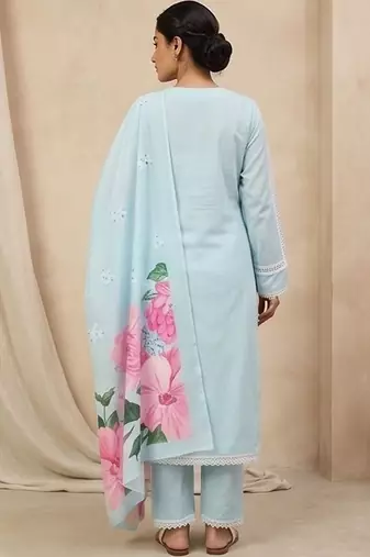 Women Floral Regular Thread Work Kurta with Trousers & With Dupatta