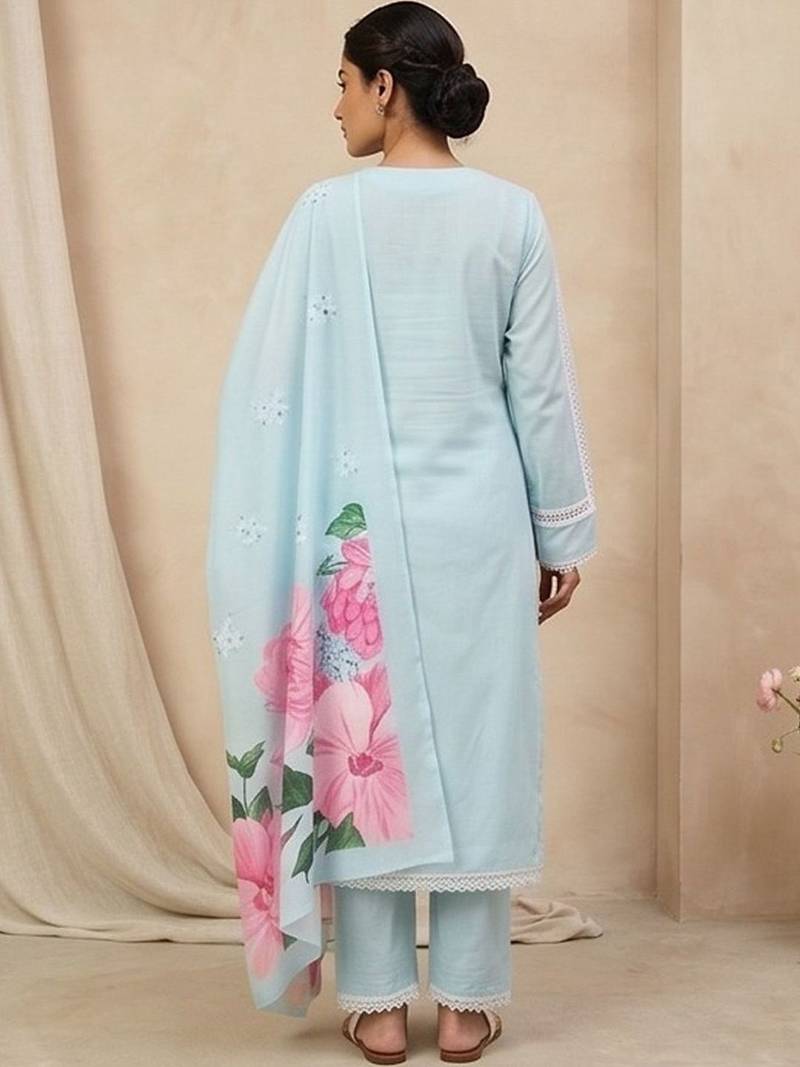 Women Floral Regular Thread Work Kurta with Trousers & With Dupatta