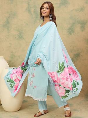 Women Textured Embroidered Kurta with Trousers & Dupatta 5