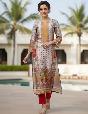 Women Ethnic Motifs Printed Regular Chanderi Silk Kurta with Trousers 2