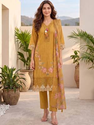Women Floral Embroidered Regular Thread Work Pure Cotton Kurta with Trousers & With Dupatta 1