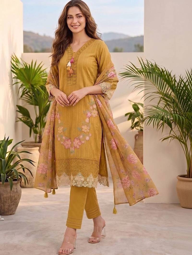Women Floral Embroidered Regular Thread Work Pure Cotton Kurta with Trousers & With Dupatta
