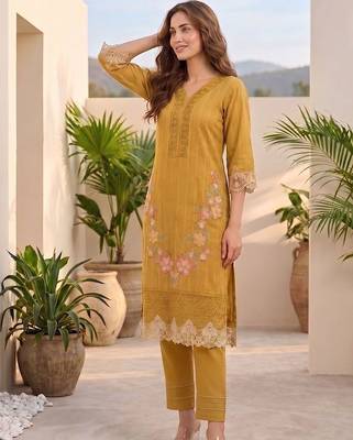 Women Floral Embroidered Regular Thread Work Pure Cotton Kurta with Trousers & With Dupatta 6
