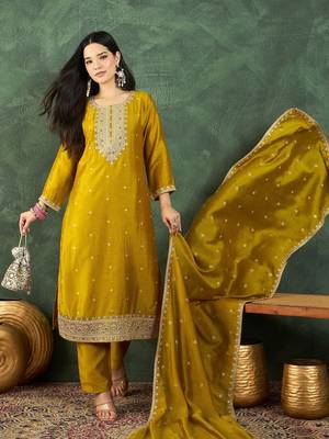 Women Ethnic Motifs Embroidered Regular Thread Work Kurta with Trousers & With Dupatta 1
