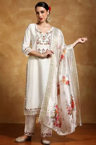 Women Floral Embroidered Regular Thread Work Kurta with Trousers & With Dupatta