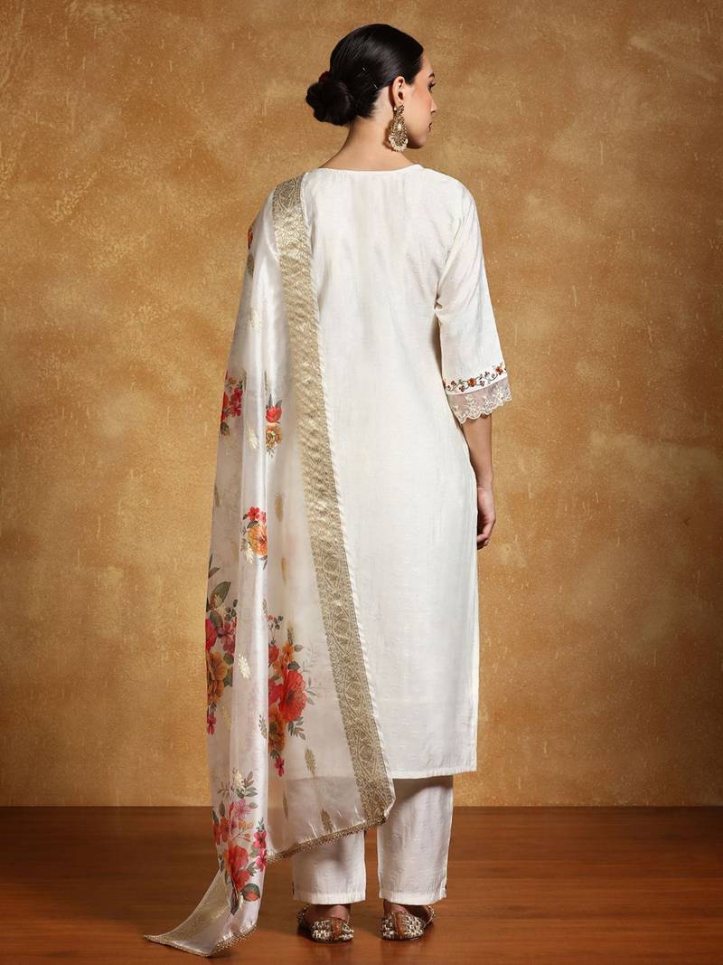 Women Floral Embroidered Regular Thread Work Kurta with Trousers & With Dupatta
