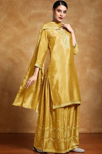 Ethnic Motifs Embroidered Beads and Stones Silk Crepe Kurta With Sharara & Dupatta
