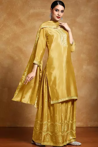 Ethnic Motifs Embroidered Beads and Stones Silk Crepe Kurta With Sharara & Dupatta