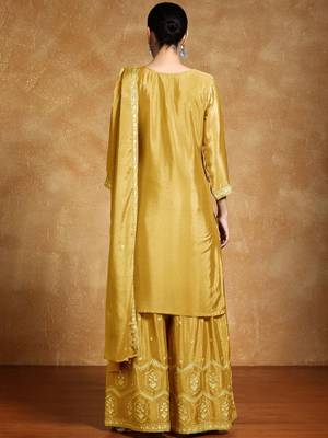 Ethnic Motifs Embroidered Beads and Stones Silk Crepe Kurta With Sharara & Dupatta 3