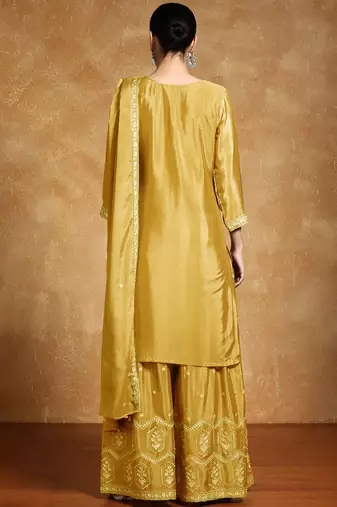 Ethnic Motifs Embroidered Beads and Stones Silk Crepe Kurta With Sharara & Dupatta