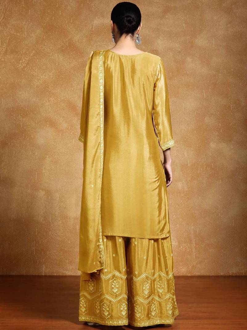 Ethnic Motifs Embroidered Beads and Stones Silk Crepe Kurta With Sharara & Dupatta