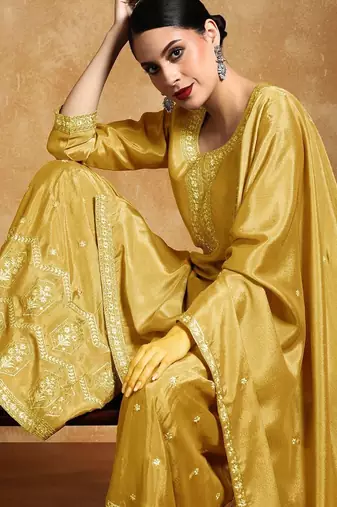 Ethnic Motifs Embroidered Beads and Stones Silk Crepe Kurta With Sharara & Dupatta