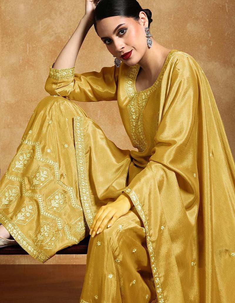Ethnic Motifs Embroidered Beads and Stones Silk Crepe Kurta With Sharara & Dupatta