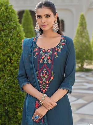 Floral Yoke Design Thread Work Straight Kurta With Salwar & Dupatta 2