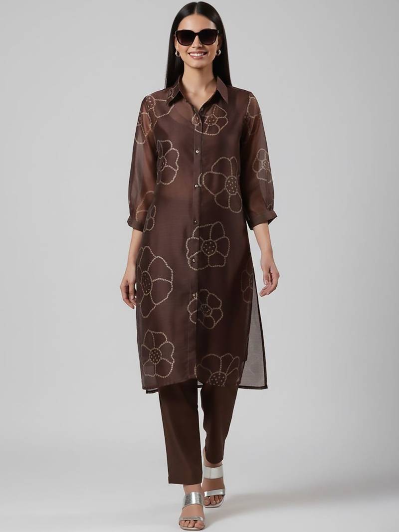 Women Floral Printed Regular Chanderi Silk Kurta with Trousers