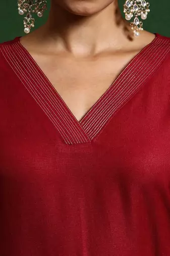 Thread Work V-Neck Straight Kurta With Trousers And Dupatta