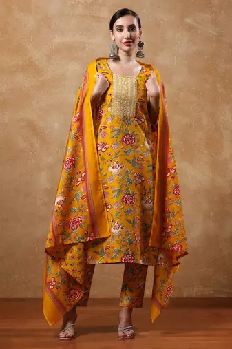 Women Floral Yoke Design Straight Kurta with Trousers & Dupatta