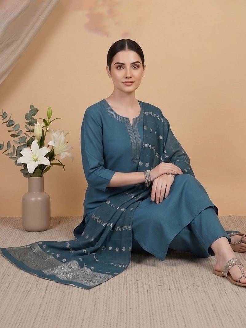 Women Ethnic Motifs Embroidered Regular Thread Work Kurta with Trousers & With Dupatta