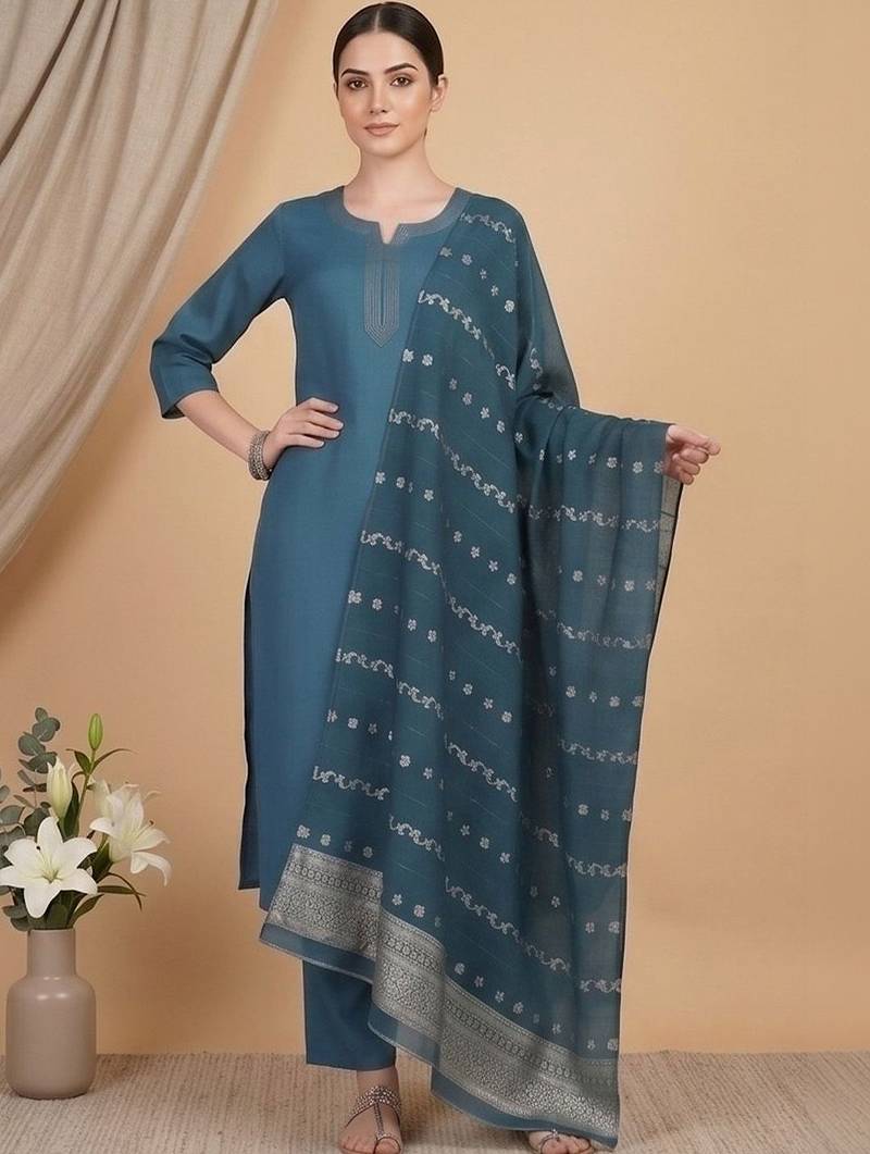 Women Ethnic Motifs Embroidered Regular Thread Work Kurta with Trousers & With Dupatta