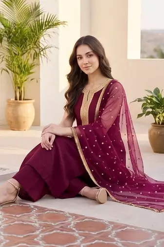 Women Ethnic Motifs Embroidered Regular Kurta with Palazzos & With Dupatta