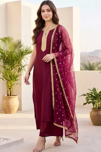 Women Ethnic Motifs Embroidered Regular Kurta with Palazzos & With Dupatta