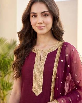 Women Ethnic Motifs Embroidered Regular Kurta with Palazzos & With Dupatta 4