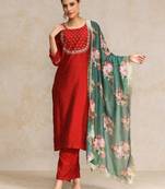 Women Embroidered Regular Kurta with Trousers & With Dupatta