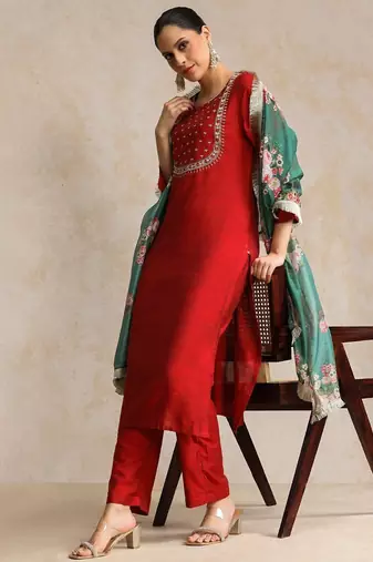 Women Embroidered Regular Kurta with Trousers & With Dupatta