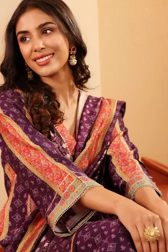 Ethnic Motifs Printed Gotta Patti Chanderi Silk Kurta With Trousers & Dupatta
