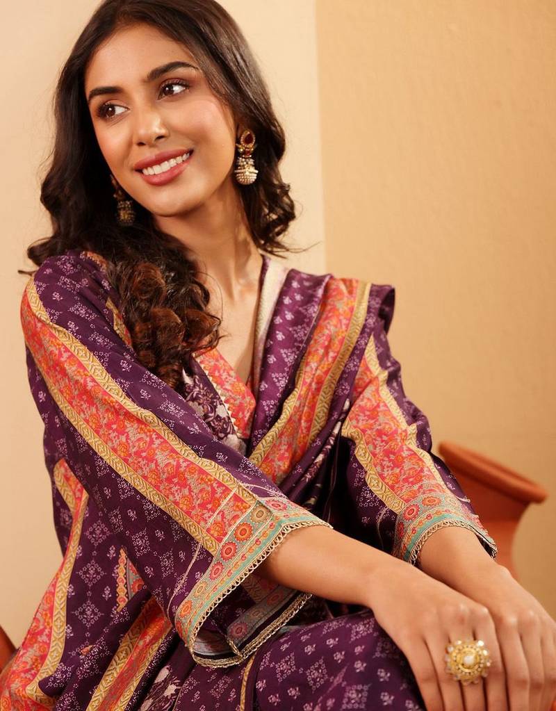 Ethnic Motifs Printed Gotta Patti Chanderi Silk Kurta With Trousers & Dupatta