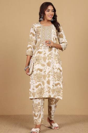 Floral Printed Thread Work Round Neck Straight Kurta With Trousers