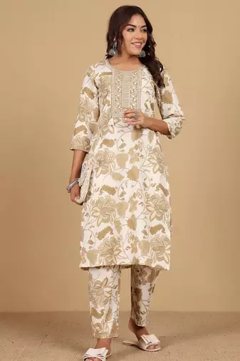 Floral Printed Thread Work Round Neck Straight Kurta With Trousers