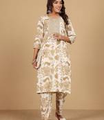 Floral Printed Thread Work Round Neck Straight Kurta With Trousers