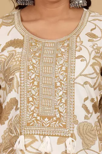 Floral Printed Thread Work Round Neck Straight Kurta With Trousers