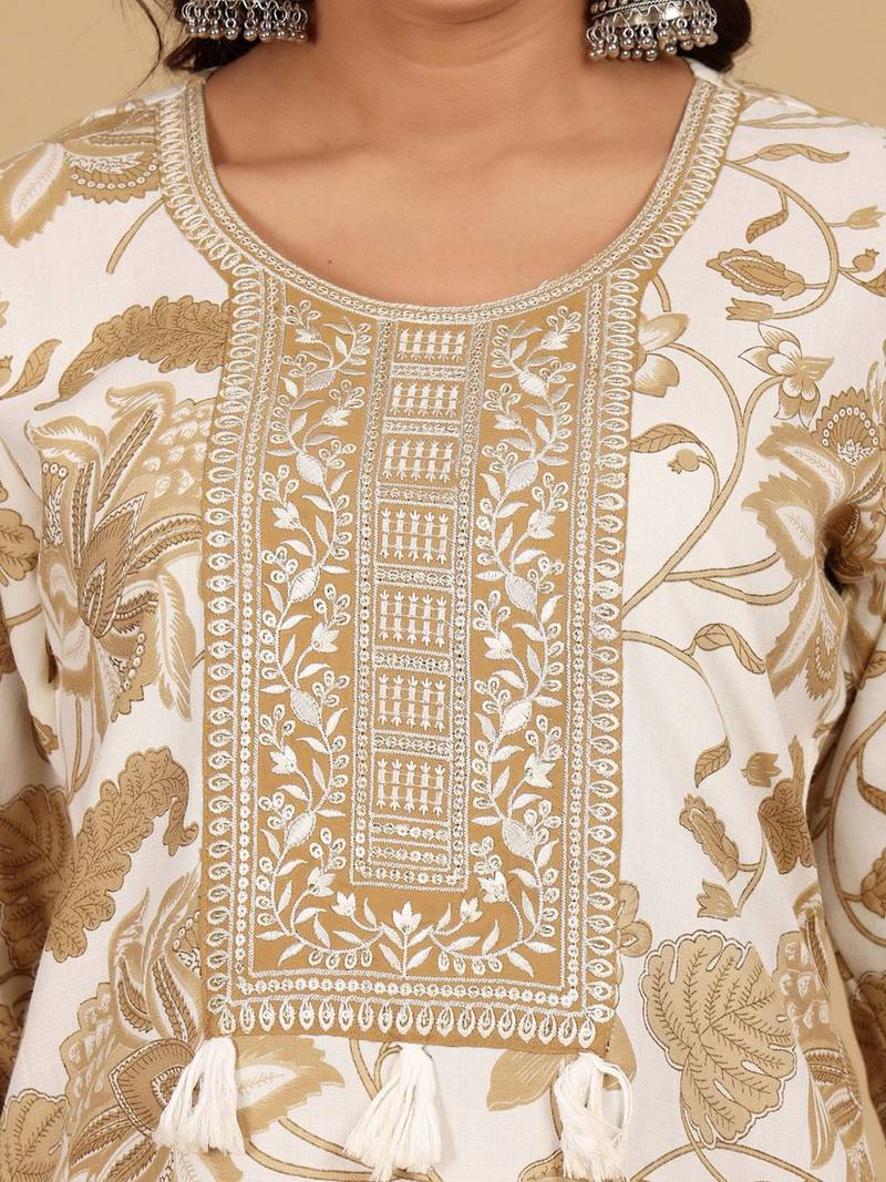 Floral Printed Thread Work Round Neck Straight Kurta With Trousers
